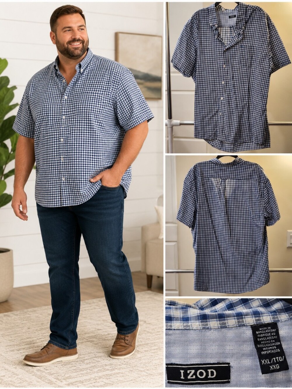 Izod Men’s Blue and White Gingham Short-Sleeve Button-Down Shirt